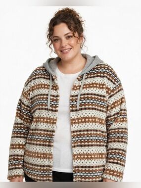 Brown and Gray Hooded Cardigan with Nordic Pattern 3X